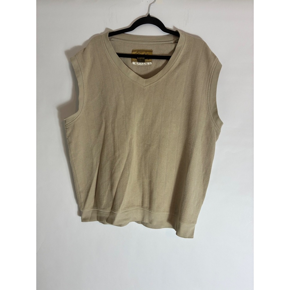 Vintage Gold Tri-Mountain Tan Beige V-Neck Ribbed Knit Sweater Vest Mens Large